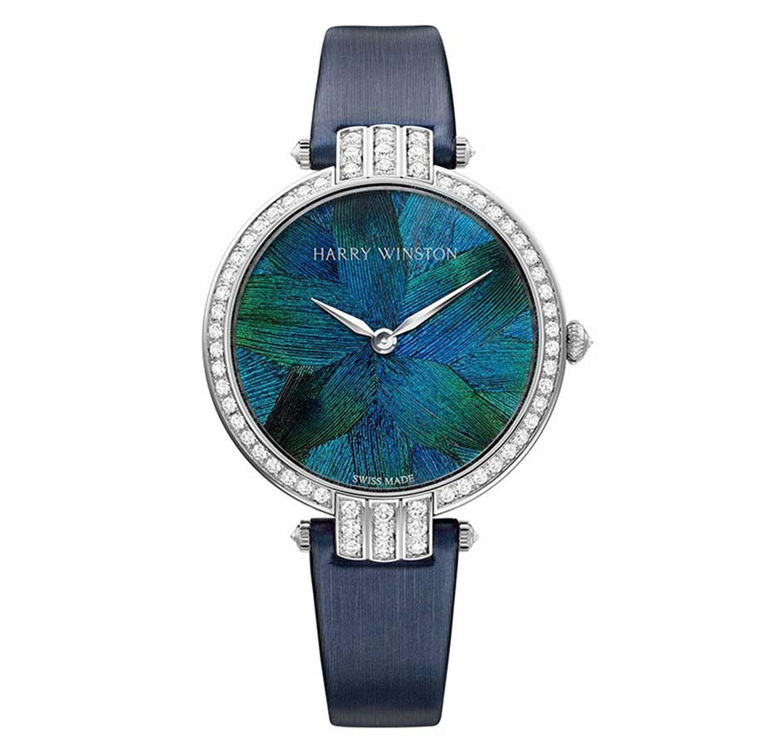Harry Winston Premier Collection with marquetry of peacock feathers housed in a 36mm white gold case with 96 brilliant-cut diamonds on the bezel, crown, lugs and buckle.