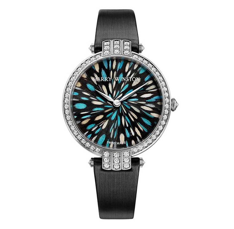 Harry Winston Premier Collection with marquetry of blue-tinted guinea fowl feathers and 96 brilliant-cut diamonds on the bezel, lugs, crown and buckle.