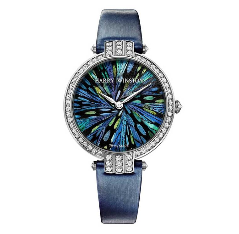 Harry Winston Premier Collection with a marquetry dial of silvered pheasant and guinea fowl feathers.