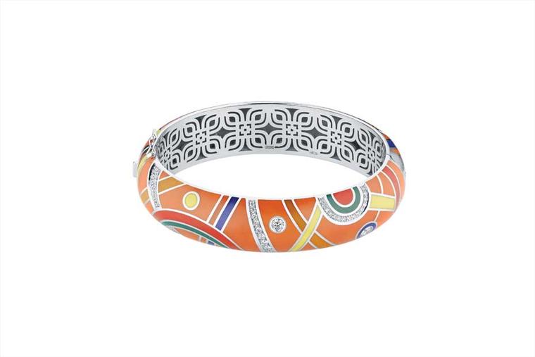 Alexander Arne bangle in white gold, with colourful enamel and diamonds.