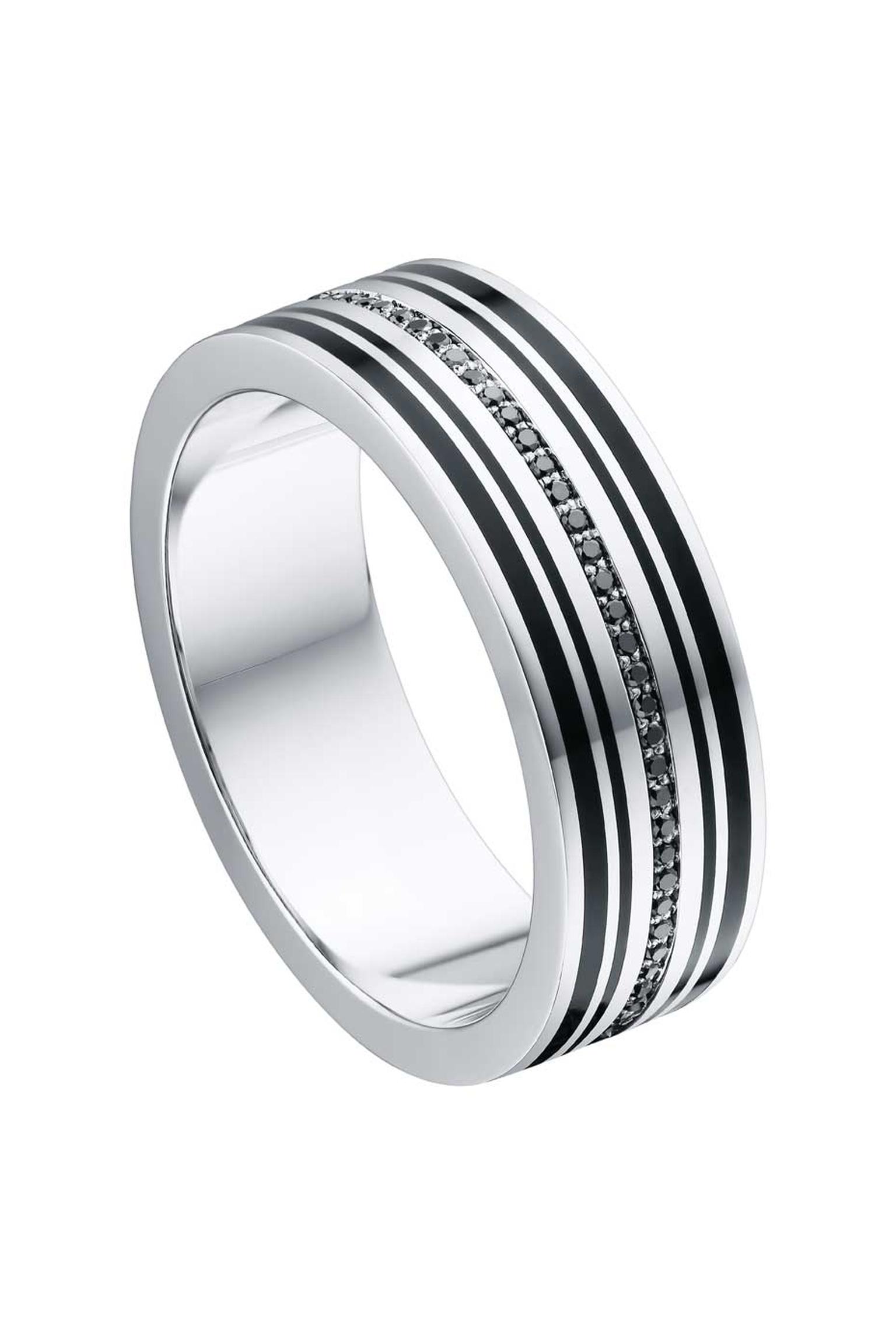 Alexander Arne ring for men in white gold and enamel with black diamonds.