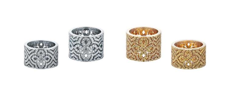 Alexander Arne Logomania rings in yellow and white gold with diamonds.