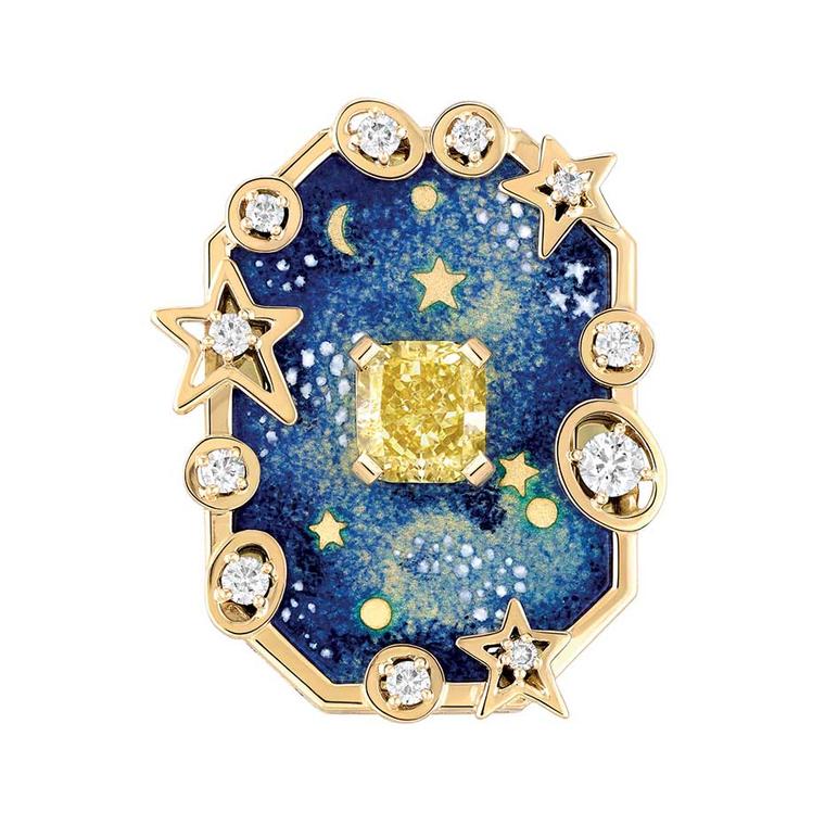 Chanel Vendome Comete high jewellery ring from the Café Society collection, launched at the Biennale in Paris in 2014, decorated with Grand Feu enamel and set with a 1.5ct cushion-cut yellow diamond and brilliant-cut diamonds.