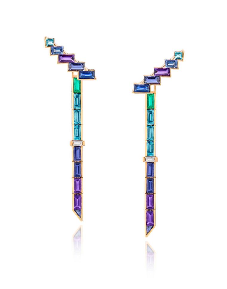 Earring cuffs in rose gold with amethyst, tanzanite, blue sapphire, iolite and blue topaz from Tomasz Donocik's Electric Night collection.