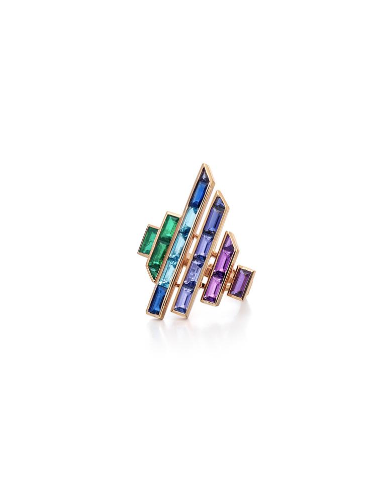 The Disc ring from Tomasz Donocik's new Electric Night collection is available in several combinations of coloured gemstones.