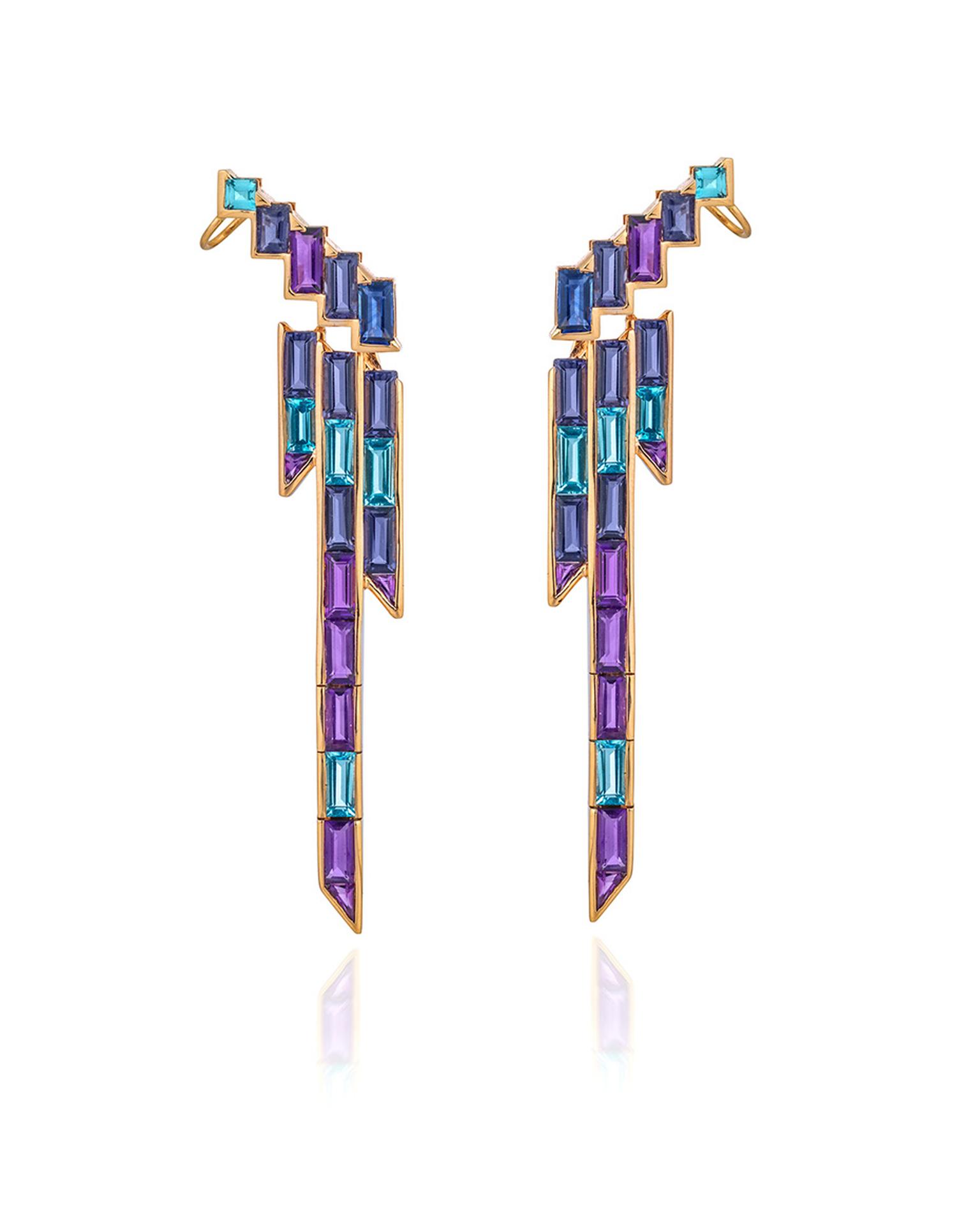 Tomasz Donocik rose gold cuff earrings set with amethyst, tanzanite, blue sapphire, iolite and blue topaz from the new Electric Night collection.