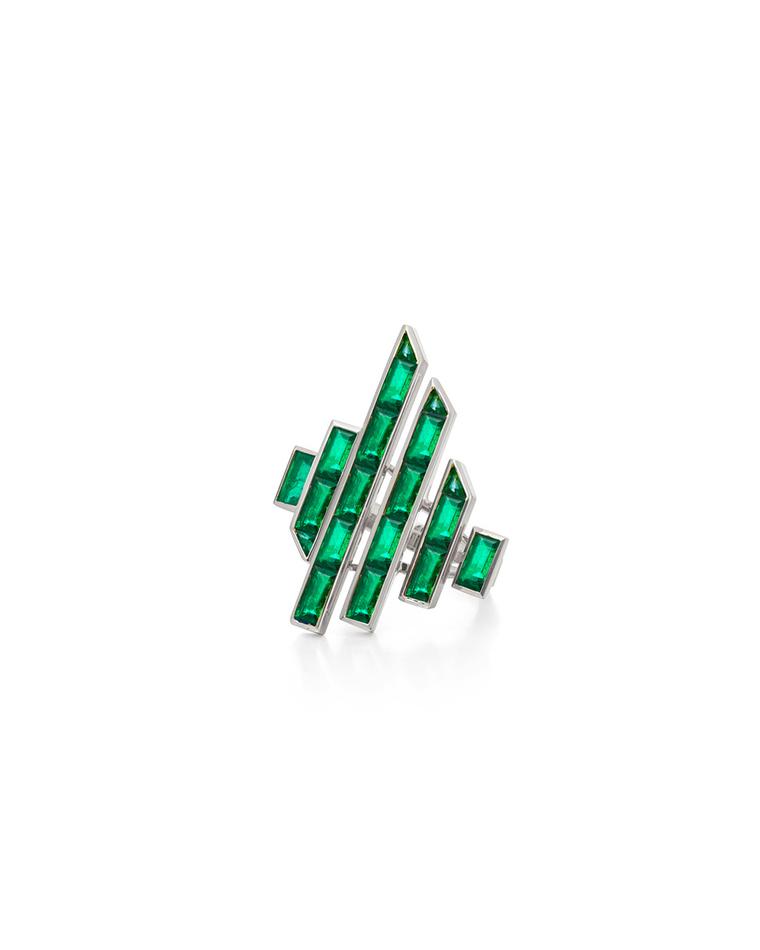 Tomasz Donocik Disc ring in white gold and emeralds from the new Electric Night collection.