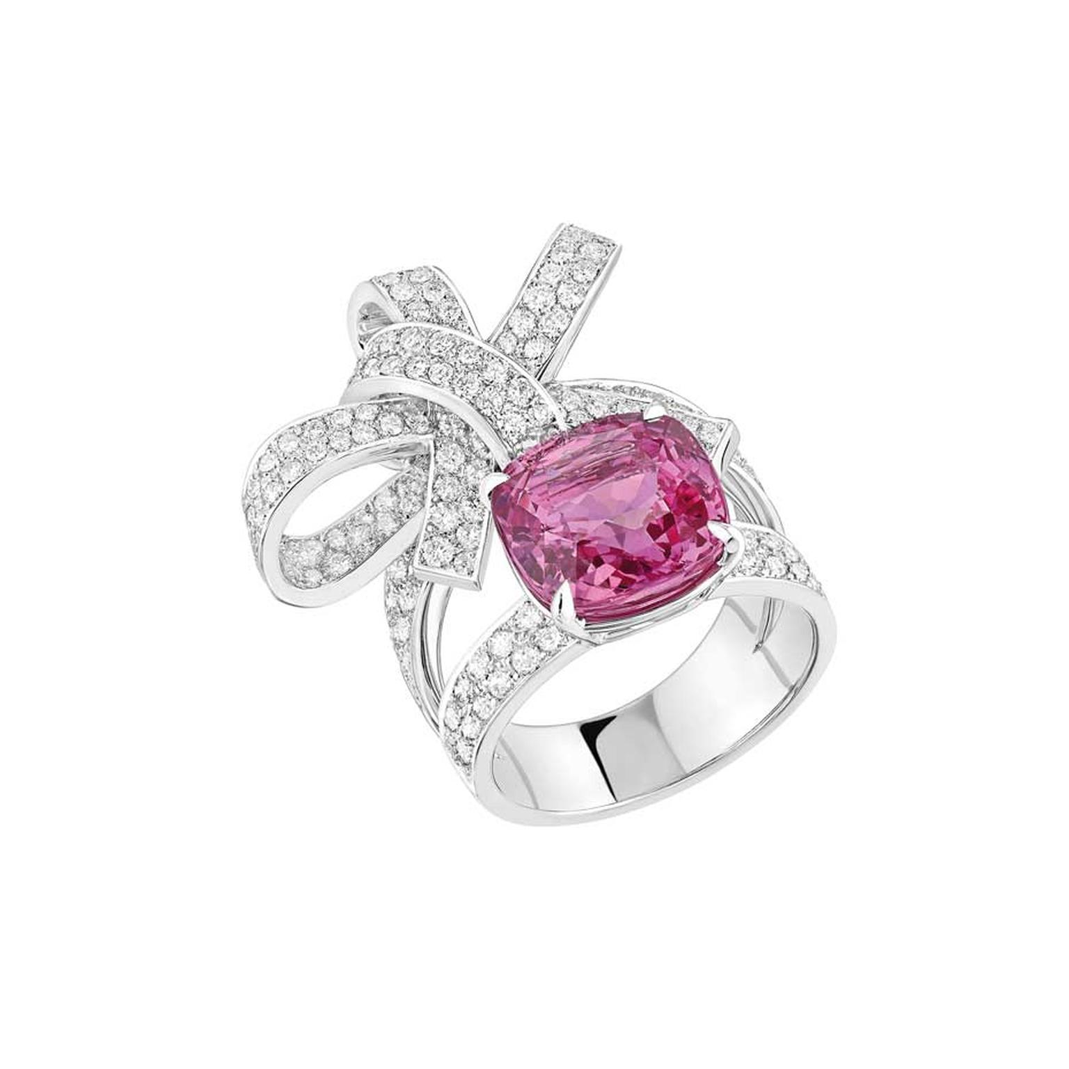 The Chanel Ruban ring is also available with an 8.00ct cushion-cut pink sapphire and 174 brilliant-cut diamonds.