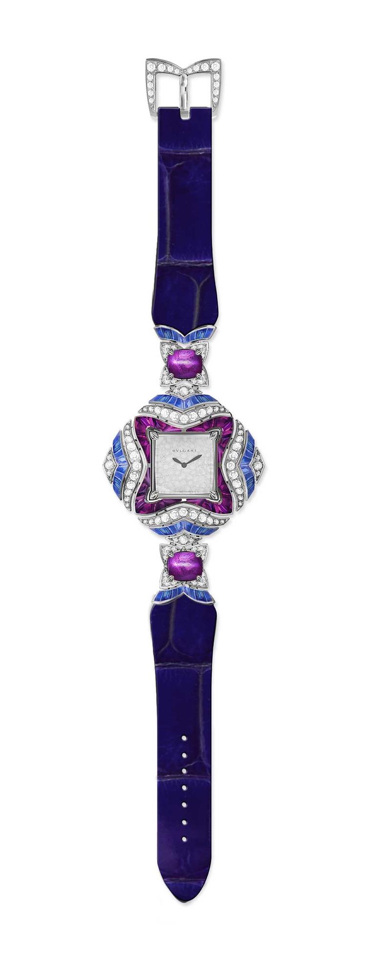 Bulgari Mvsa high jewellery watch with blue and pink sapphires and diamonds.