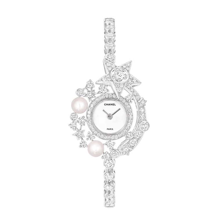 Chanel's Voie Lactée (Milky Way) watch from the Comète collection features a miniature galaxy made up of 109 brilliant-cut diamonds, a shooting star, and two Japanese cultured pearls orbiting a carved mother-of-pearl dial.