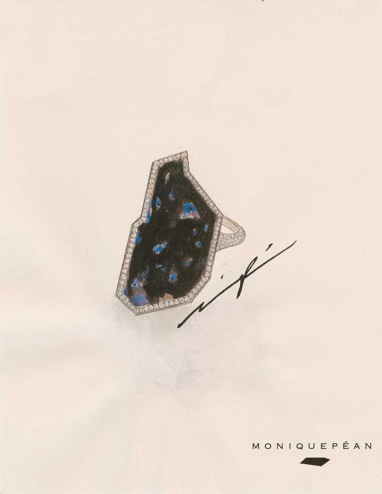 This signed sketch of the Monique Péan black fossilised dinosaur bone and diamond ring will accompany the jewel when sold