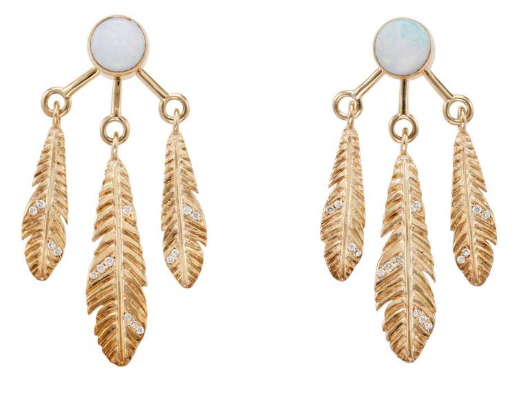 Pamela Love's Frida opal, diamond and gold earrings have each been designed as a circular opal stud, with an earring back jacket suspending three gold feathers set with circular-cut diamonds.