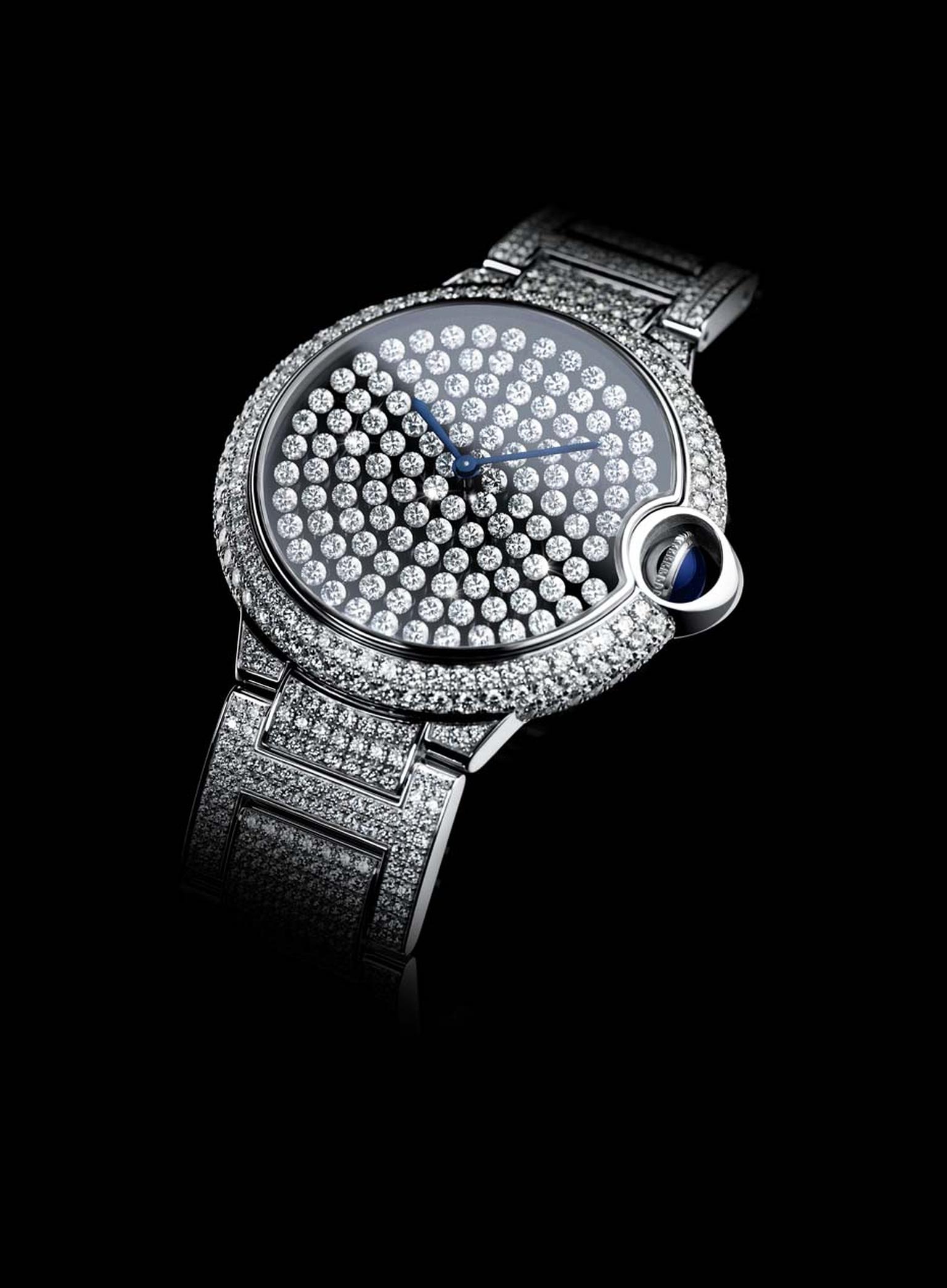 In this remarkable Cartier Ballon Bleu high jewellery watch, all the diamonds on the dial jiggle and sway in time to your movements. The team at Cartier has patented the new Vibrating Setting, which is invisible to the naked eye and allows the diamonds to