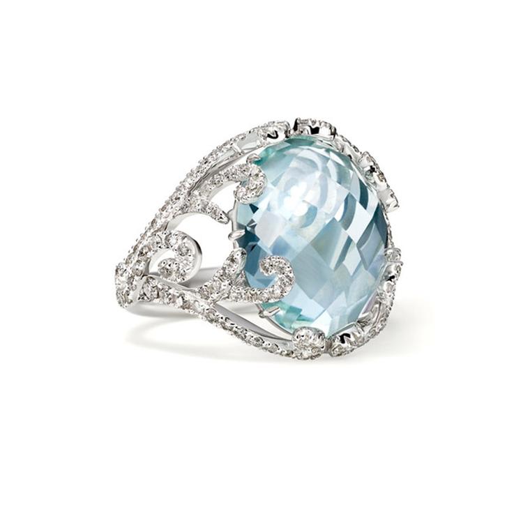 This beautiful aquamarine cocktail ring is from the Sarah Ho collection for luxury lifestyle boutique William & Son, and features a large, faceted, oval cabochon-cut aquamarine.