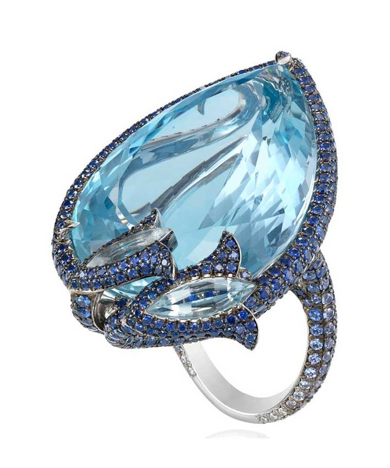 The Cannes aquamarine ring from Chopard's Red Carpet collection features a pear-shaped aquamarine, diamonds and sapphires.