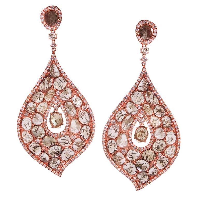 L'Dezen by Payal Shah Aladdin diamond drop earrings in rose gold, available at Plukka.com (£9,954).