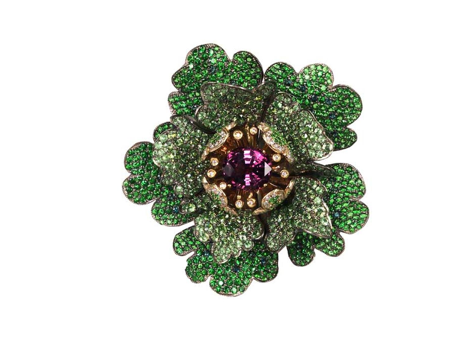 Nisan Cabbage Rose tsavorite ring in white gold and titanium, available at Plukka.com, featuring tsavorites, demantoid garnet, spinels, green garnets and diamonds (£10,899).