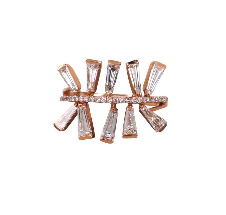 Sidney Chung Topsy Turvy diamond ring in rose gold, with tapered baguette and brilliant-cut diamonds (£3,969 at Plukka.com).