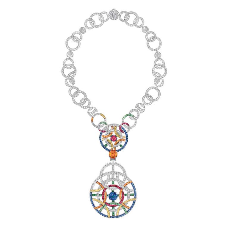 Chanel necklace in white gold set with a spessartite, diamonds, blue and yellow sapphires, red spinels, orange grenats and tsavorites, from the Café Society high jewellery collection.