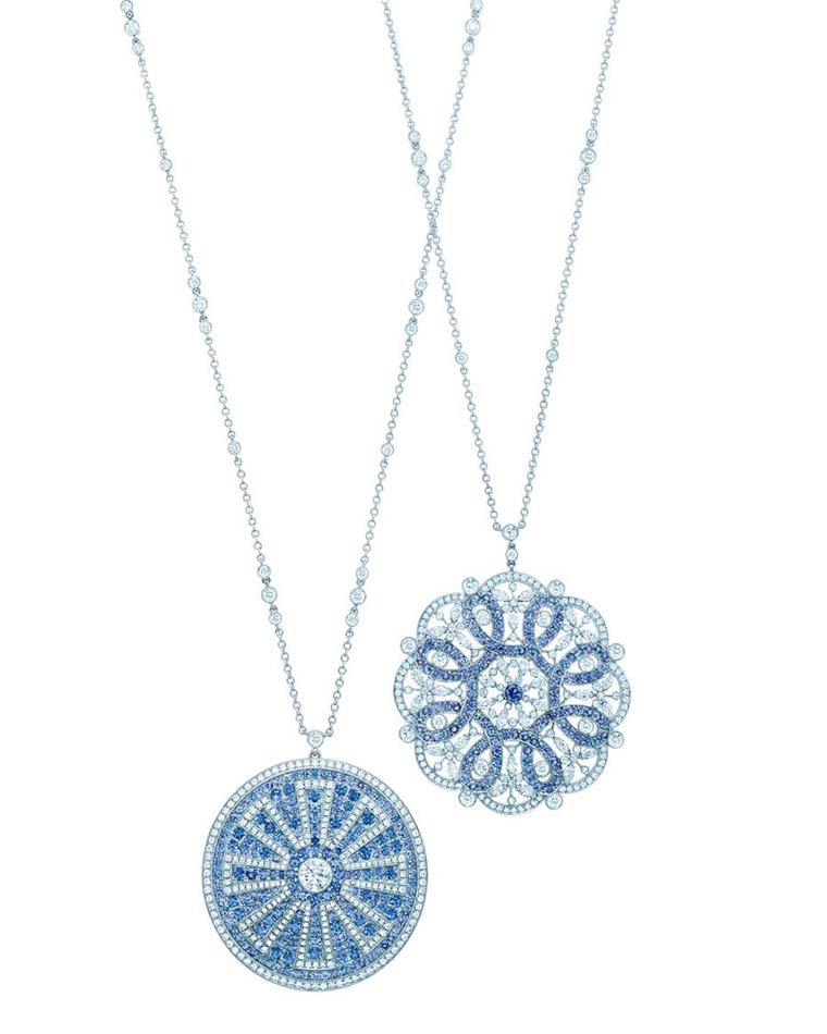 Tiffany necklaces in platinum, set with Montana sapphires and diamonds in platinum.