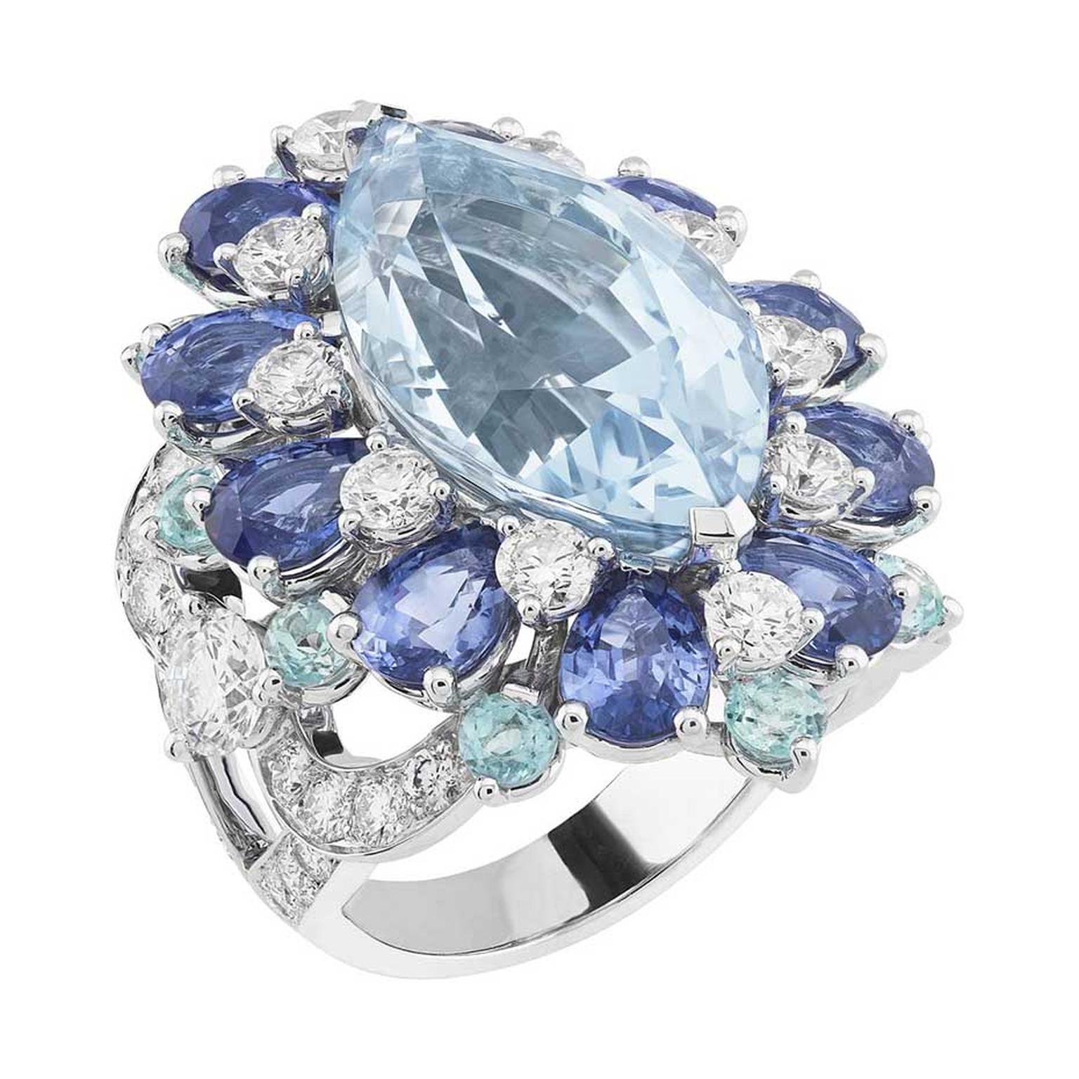 Van Cleef & Arpels white gold Peau d'Âne collection aquamarine ring surrounded by diamonds, sapphires and tourmalines.