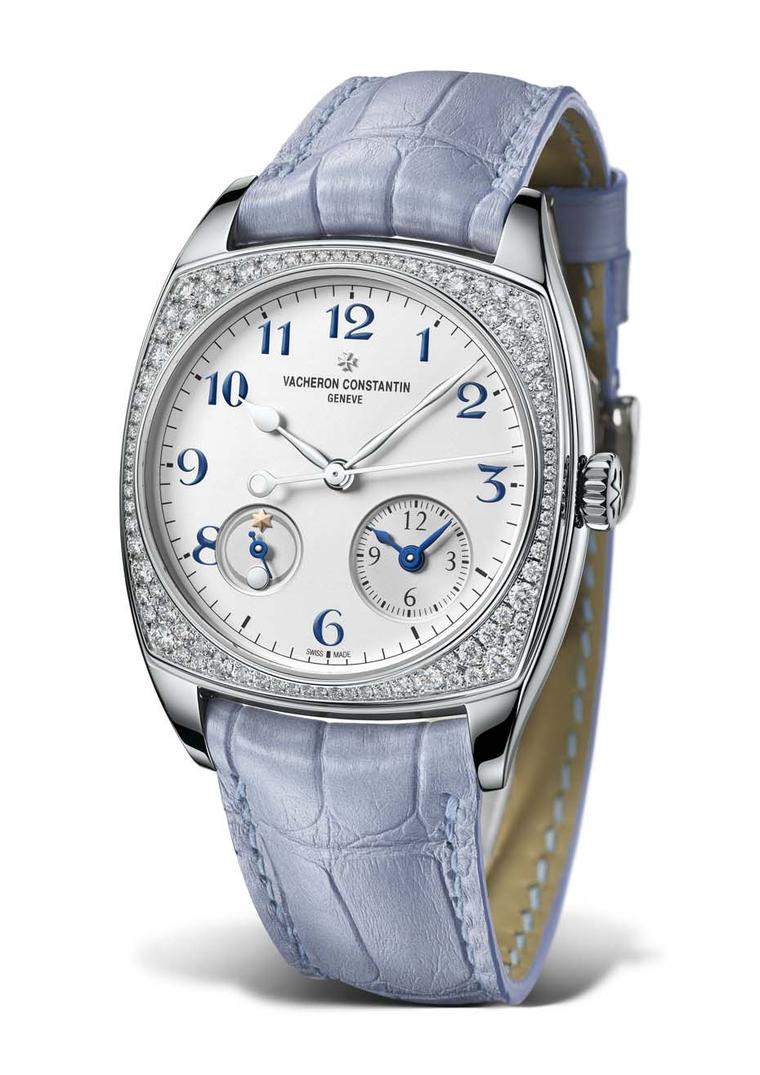 Vacheron Constantin Harmony Dual Time watch for ladies in a 37mm white gold case and bezel set with 88 diamonds. The opaline silver-toned dial ensures clear readings of local and home times, while the gold sun and moon signals indicate day/night functions
