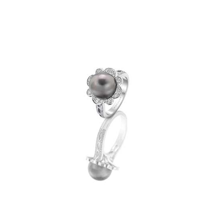 Rococo Pearl and Diamond Ring from Boodles with 10mm Tahitian pearl, 0.49ct of round brilliant-cut diamonds, in white gold.