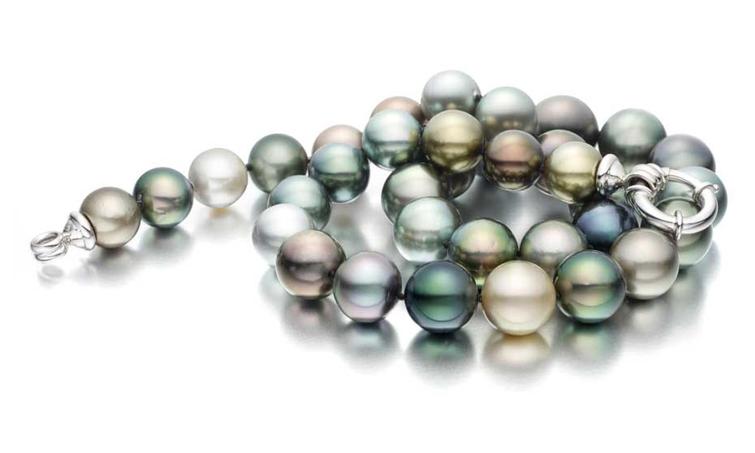 Winterson multi-coloured Tahitian Pearl necklace with white gold clasp and 10.8mm-14mm pearls.
