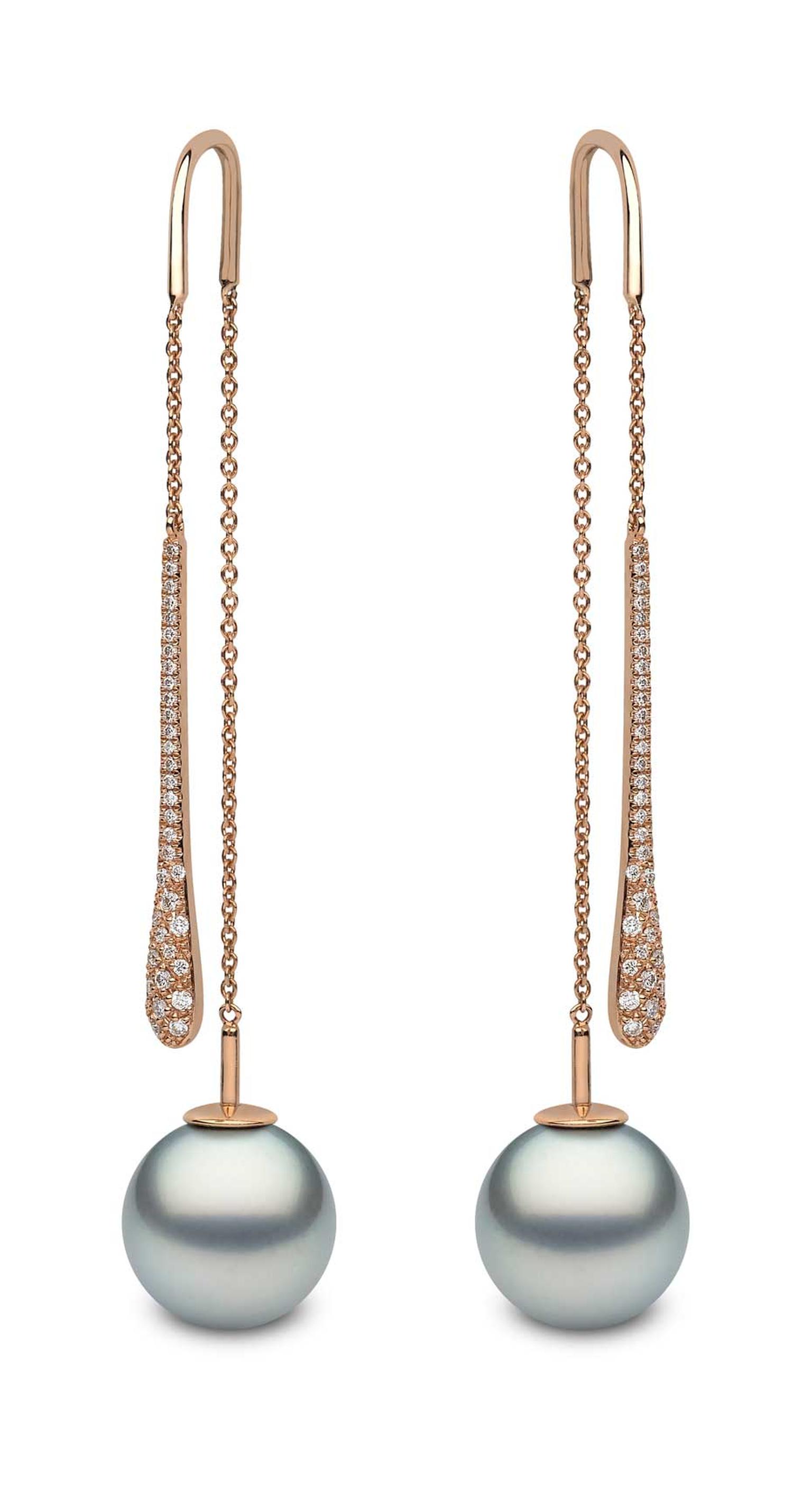 Rose gold earrings featuring diamonds and 12mm-13mm Tahitian pearls from YOKO London.