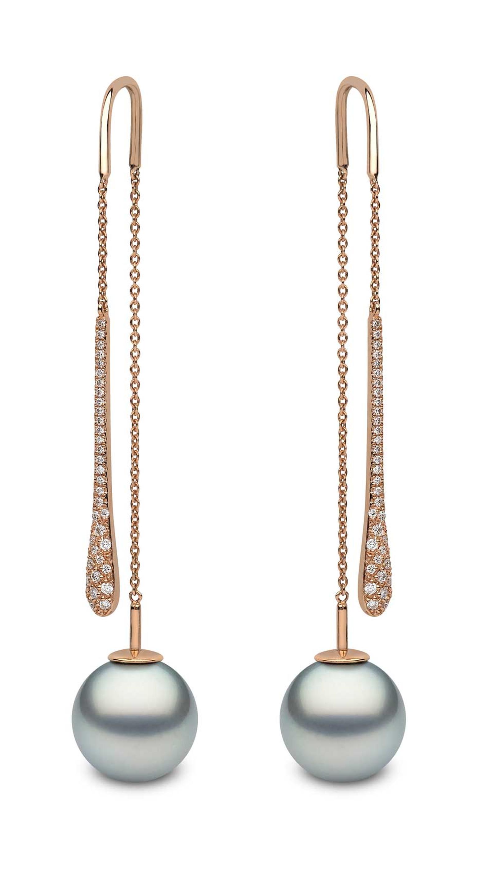 Rose gold earrings featuring diamonds and 12mm-13mm Tahitian pearls from YOKO London.