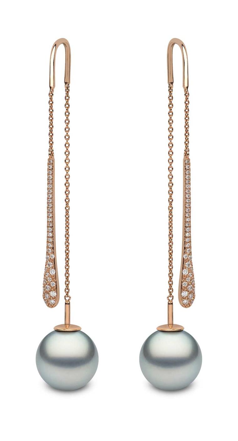 Rose gold earrings featuring diamonds and 12mm-13mm Tahitian pearls from YOKO London.