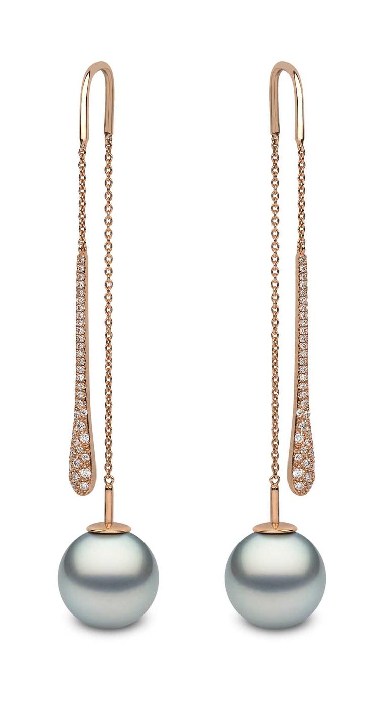 Rose gold earrings featuring diamonds and 12mm-13mm Tahitian pearls from YOKO London.