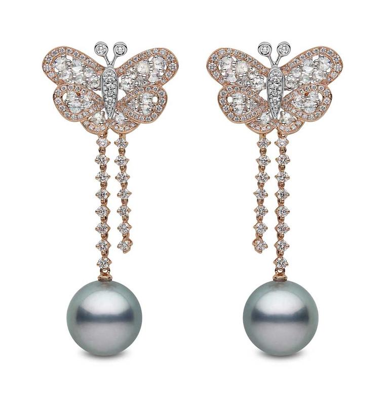 YOKO London rose gold earrings featuring diamonds and 14mm-15mm Tahitian pearls.