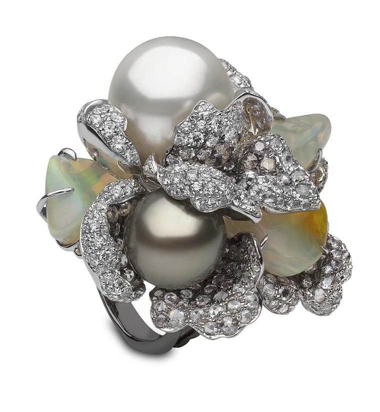 YOKO London diamond and opal ring in white gold, set with Australian South Sea and Tahitian pearls, as worn by Charlotte Riley at this year's BAFTA ceremony.