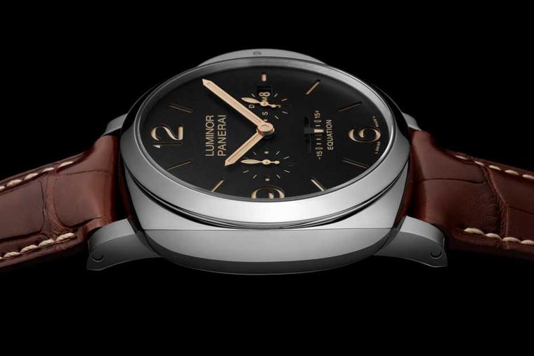 Panerai Luminor 1950 watch. To indicate the equation of time, Panerai has opted for a linear indicator on the matte black dial with a small pointer moving either towards the plus or negative 15-minute marker.