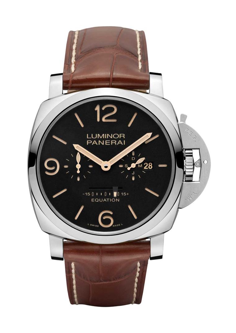 The Luminor, with its distinctive bridge device to lock the crown, is slightly smaller at 47mm and houses exactly the same calibre as its older brother. Presented on a brown alligator strap, the Panerai Luminor 1950 is a limited edition of just 100 watche