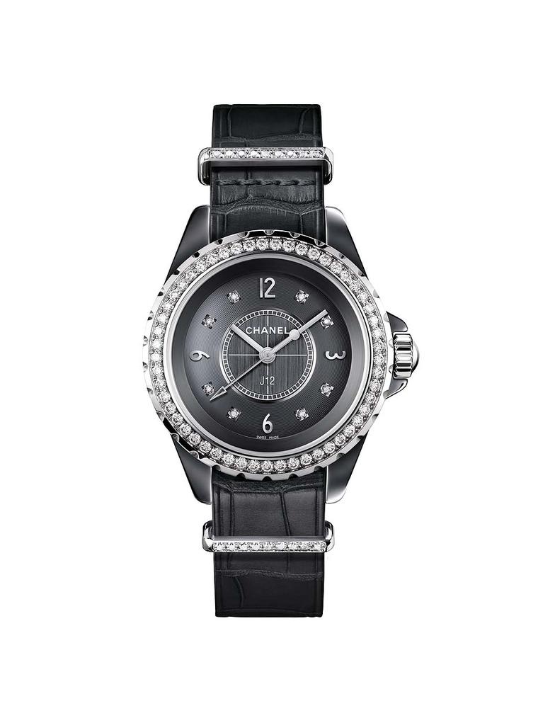 Chanel J12-G10 ladies' watch in a 33mm titanium ceramic and steel case with 8 brilliant-cut diamonds as indices. The bezel, strap keepers and pin buckle are also set with brilliant-cut diamonds providing a sharp contrast to the grey dial.