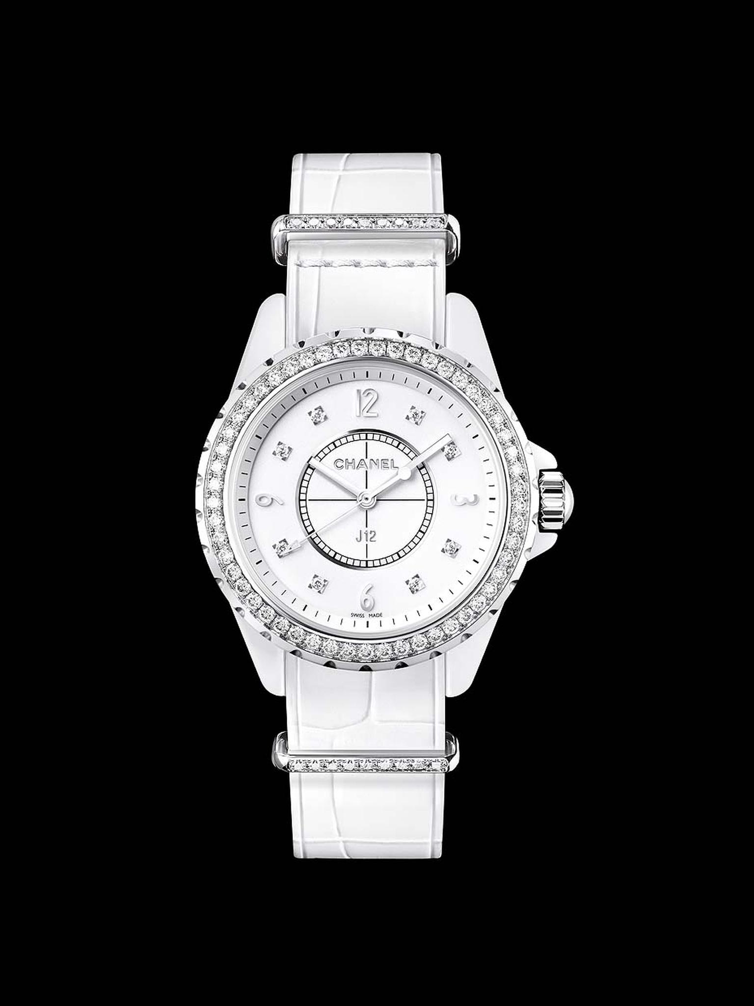 Chanel J12-G10 ladies' watch in a 33mm white high-tech ceramic and steel case set with 8 brilliant-cut diamonds as indices. The bezel is set with 53 brilliant-cut diamonds, the strap keepers are set with 9 brilliant-cut diamonds, and the buckle is set wit