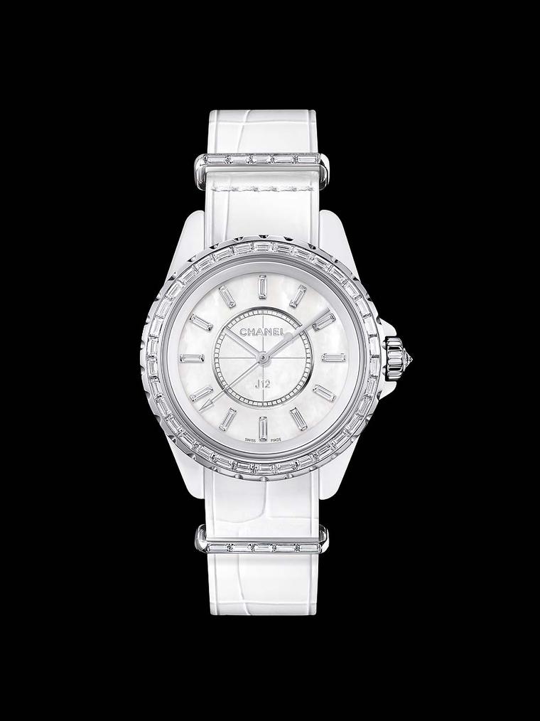 Chanel J12-G10 33mm watch in white high-tech ceramic and white gold case with a lovely mother-of-pearl dial and matching white alligator strap.