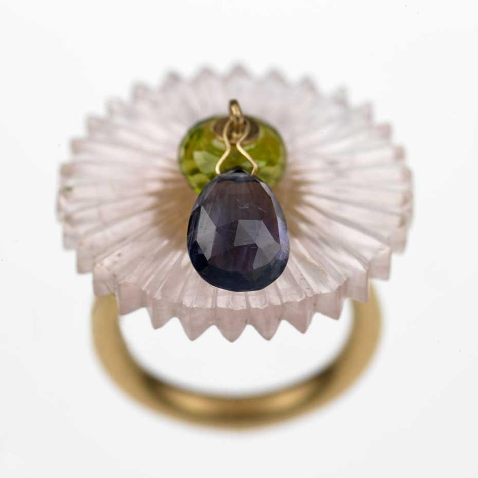 Alice Cicolini disk ring in gold with peridot bead and iolite drop from the Stone Temple series.
