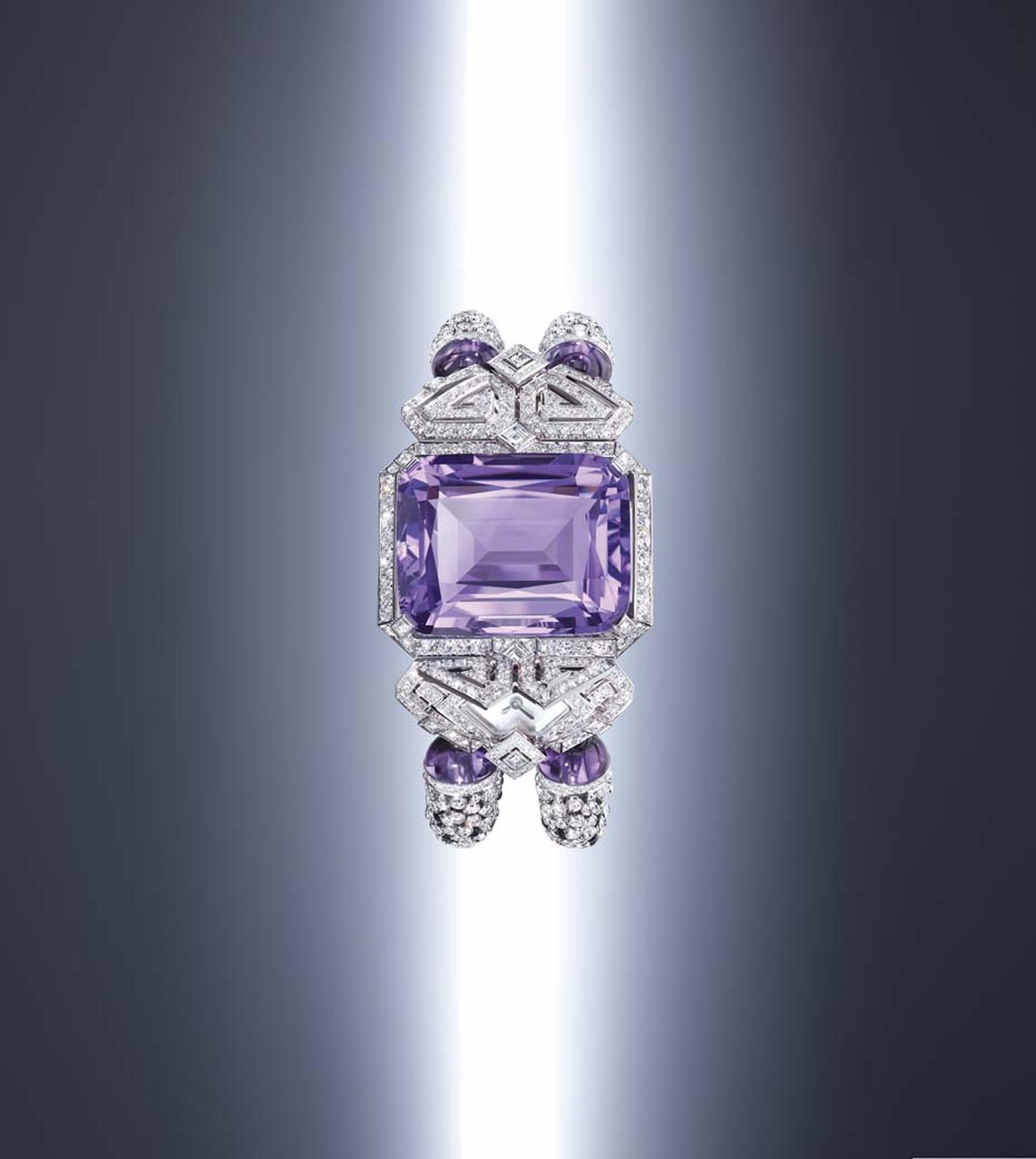 Cartier Purple high jewellery secret watch marries a marvellous, cushion-shaped amethyst of 62.84 carats with a geometric, Art Deco frame punctuated with diamonds.