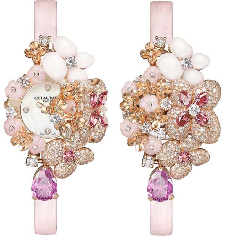 Chaumet Hortensia high jewellery secret watch forms part of the Hortensia jewellery collection and doubles up as wonderful bracelet presented on a pink satin strap.