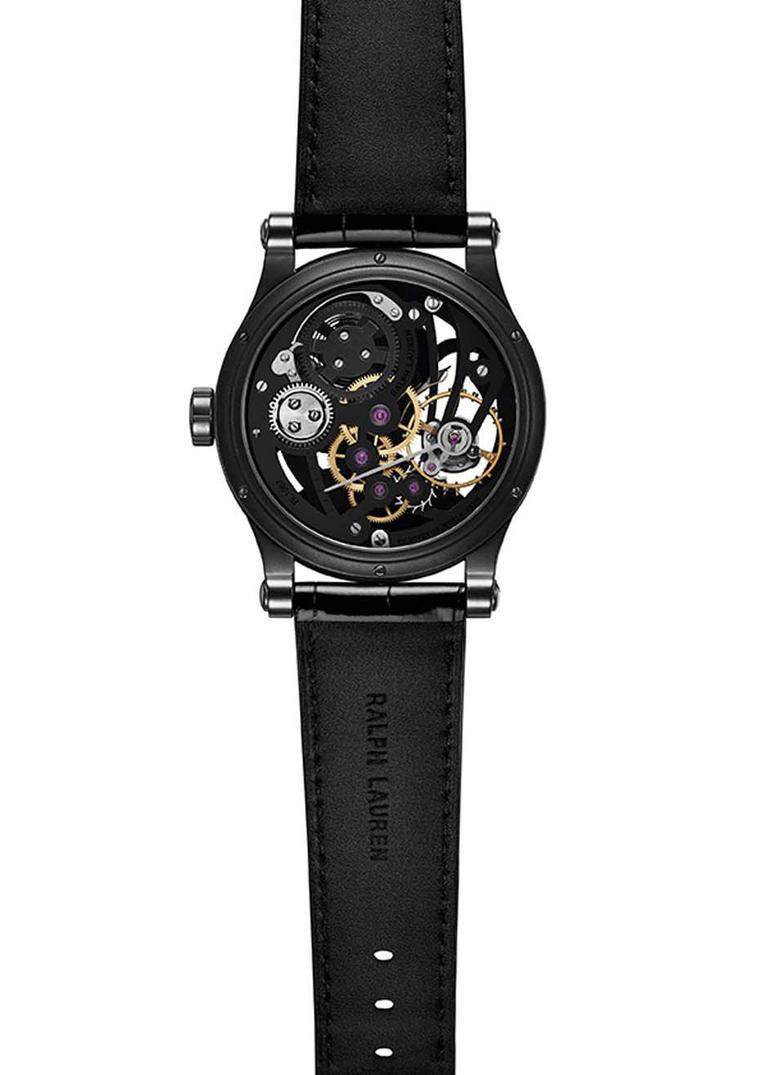 Ralph Lauren Automotive Skeleton watch is equipped with hand-wound caliber RL1967. Beautifully skeletonized, the depth is accentuated with a black finish on the plate and bridges, which provides a nice contrast to the steel and brass elements of the gear 
