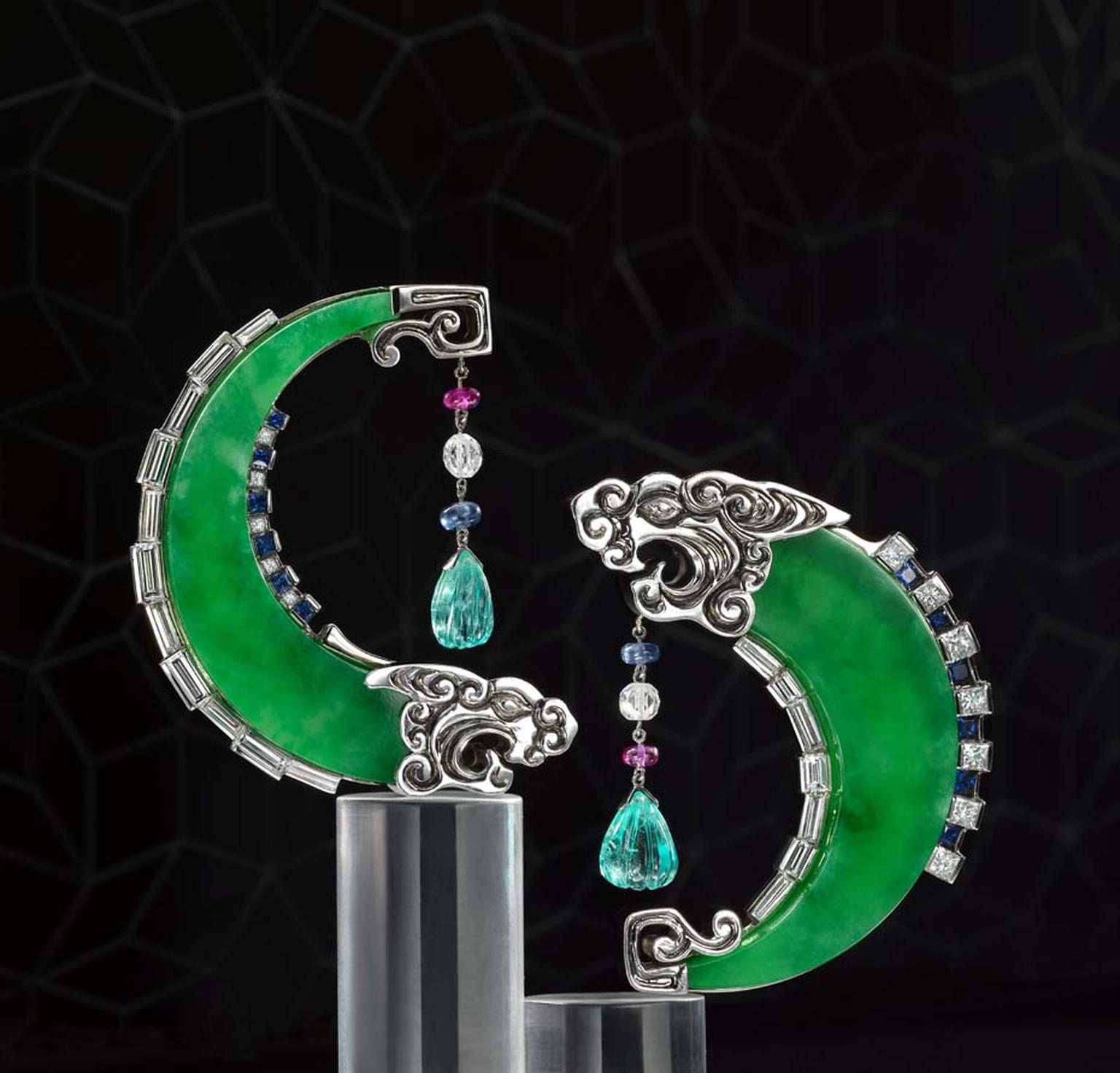 Samuel Kung's Dragon earrings are an auspicious, classical Chinese motif set with Imperial green jadeite, diamonds, sapphires and aquamarine.