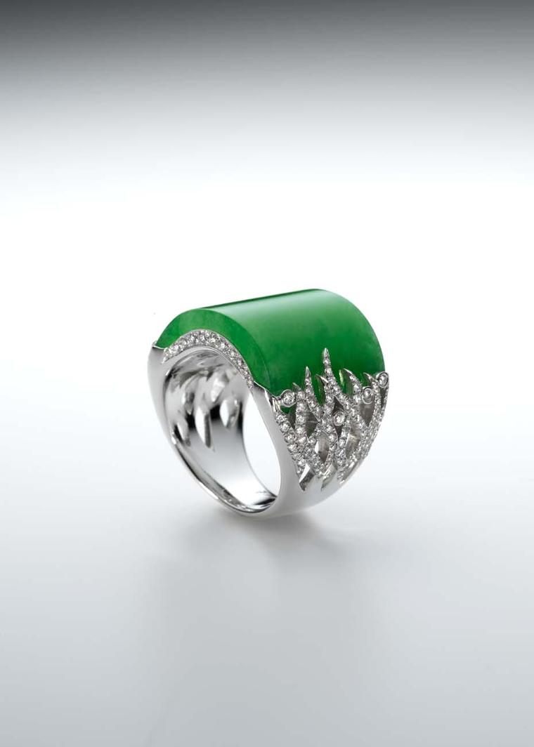 Smoothly polished jadeite ring held by tiny tendrils of diamonds set in white gold, from Samuel Kung's collection.