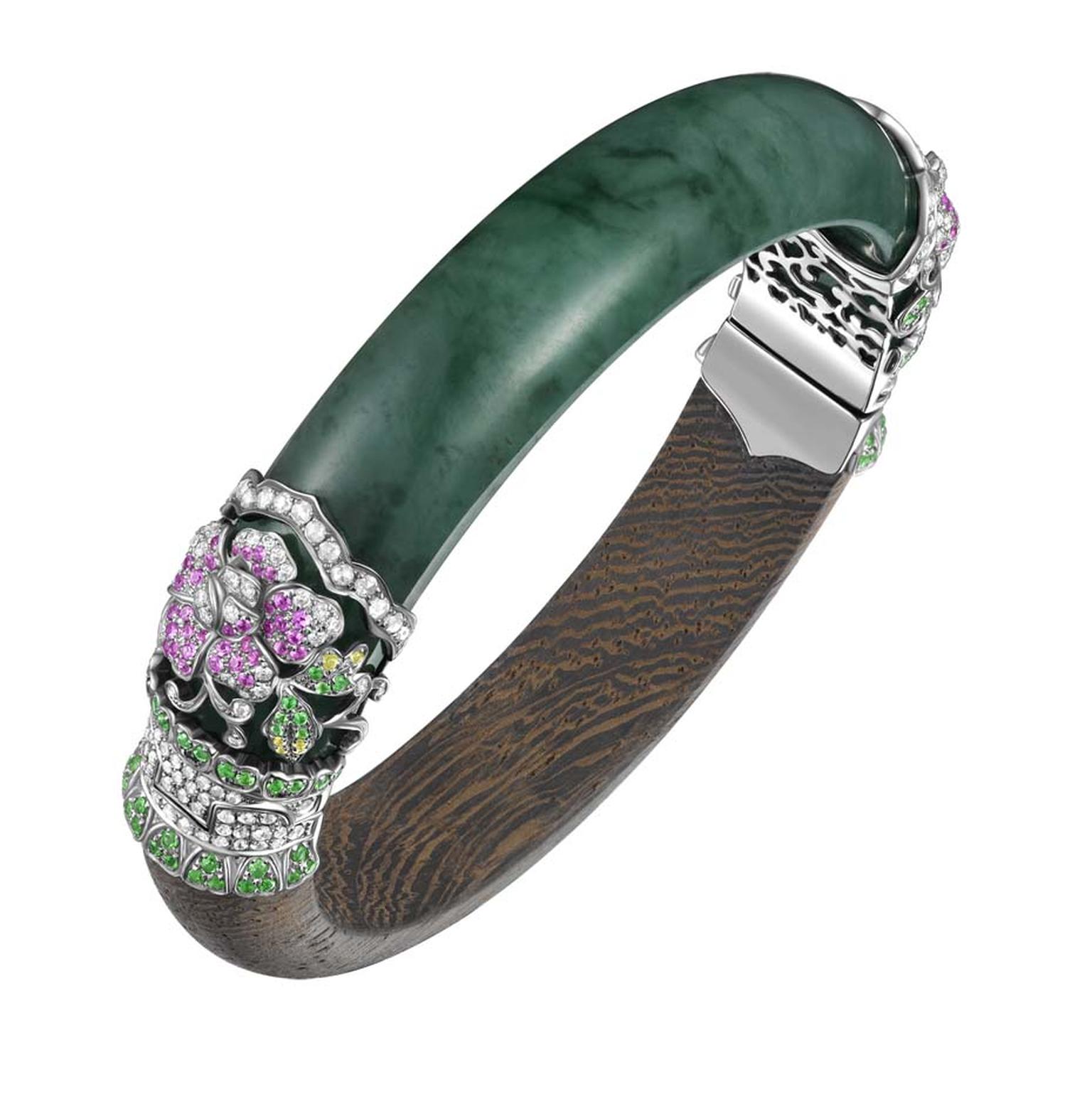 YEWN's Imperial jadeite and wood bangle in blackened white gold with jadeite, diamonds, pink sapphires and tsavorites, from the Grace Collection.