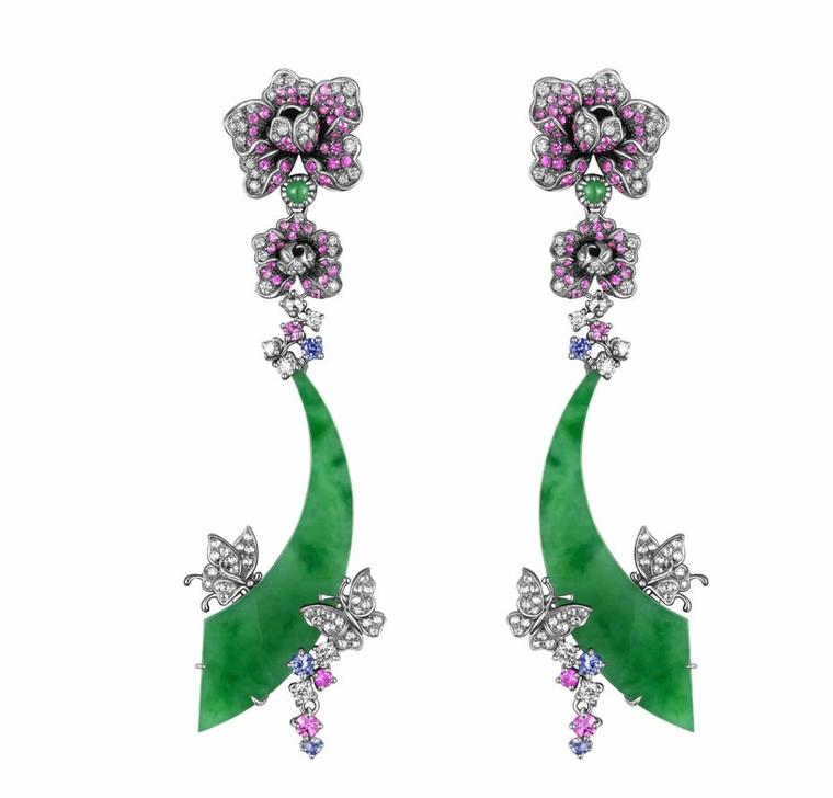 YEWN's Glorious Peony jadeite earrings in blackened white gold with jadeite, diamonds, pink sapphires, sapphires and tsavorites.