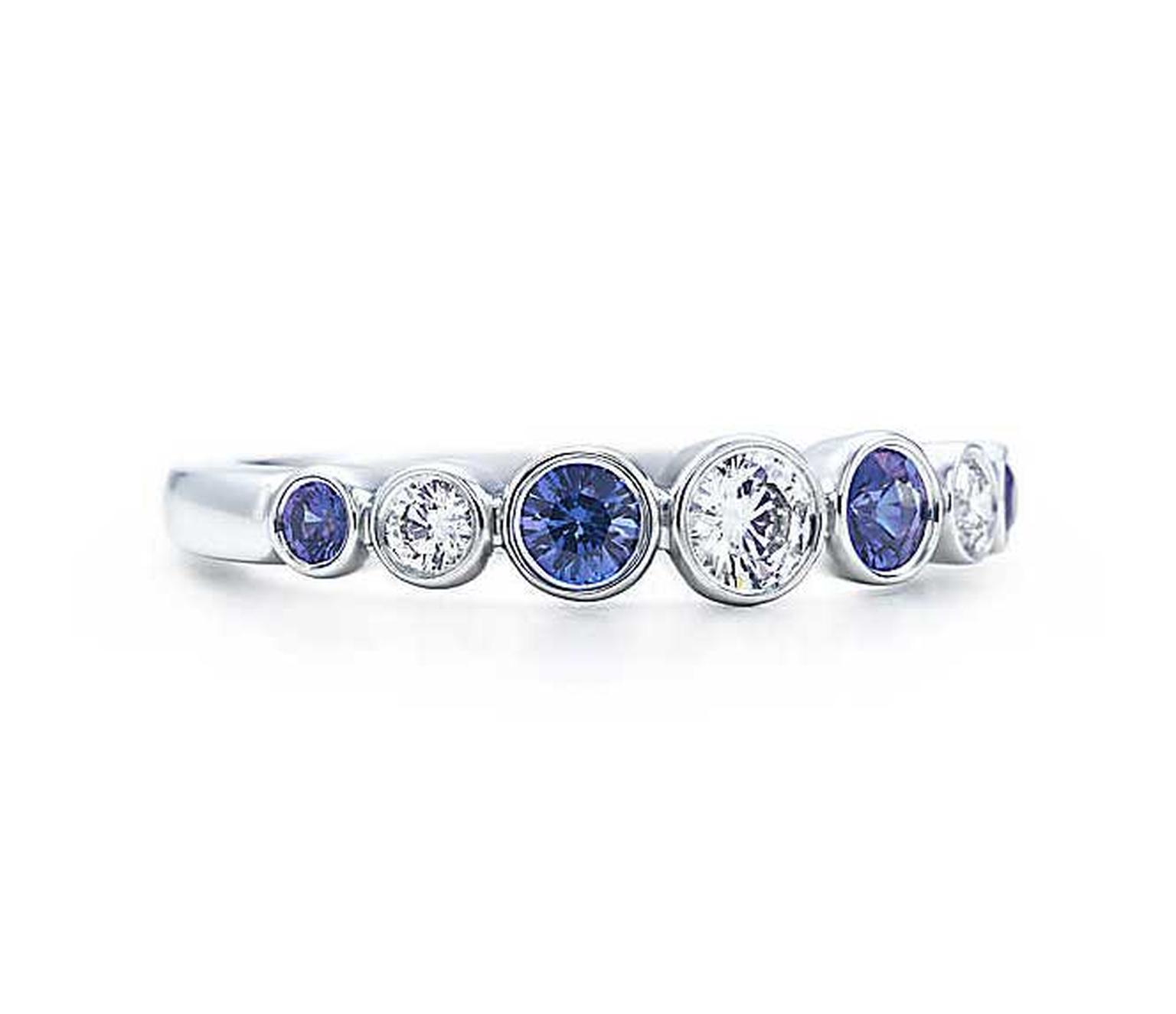 Tiffany Jazz ring in platinum with blue sapphires and diamonds.