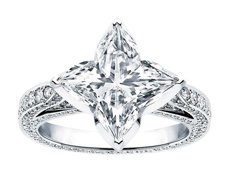This Star-cut diamond ring from Louis Vuitton's high jewellery collection mimics the iconic “Monogram” flower and star pattern.