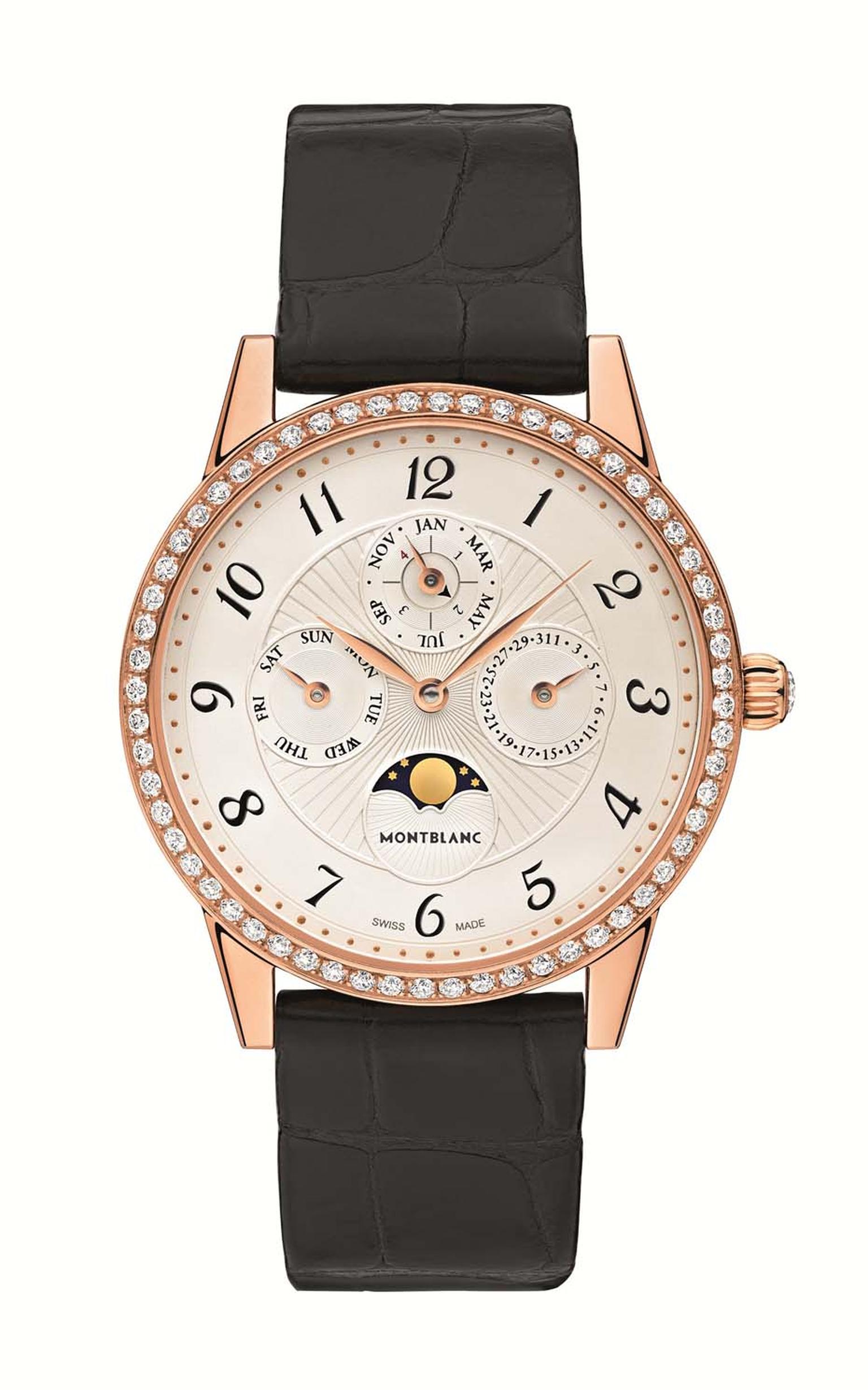 Montblanc Bohème perpetual calendar watch for women. Unlike many women’s complications, which are often just smaller versions of the pre-existing men’s watch, the Bohème collection was conceived for women, and it shows.